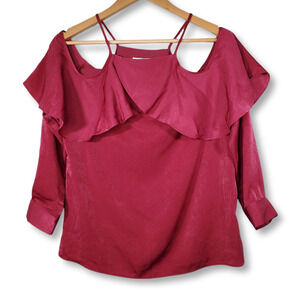 Bar III Ruffled Cold Shoulder Knit Blouse Berry Freeze Size Small